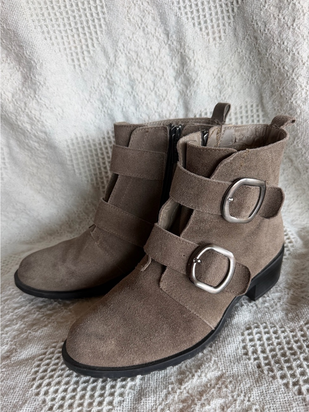 Suede Buckle Ankle Boots - Taupe
